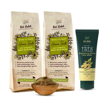Nat Habit Ready to Apply Henna Paste & Brightning Ubtan Face Wash Combo For Men & Women Natural Glow, Rich Dark Brown Shade Suitable For All Hair & Skin Types (Combo Pack of 3)
